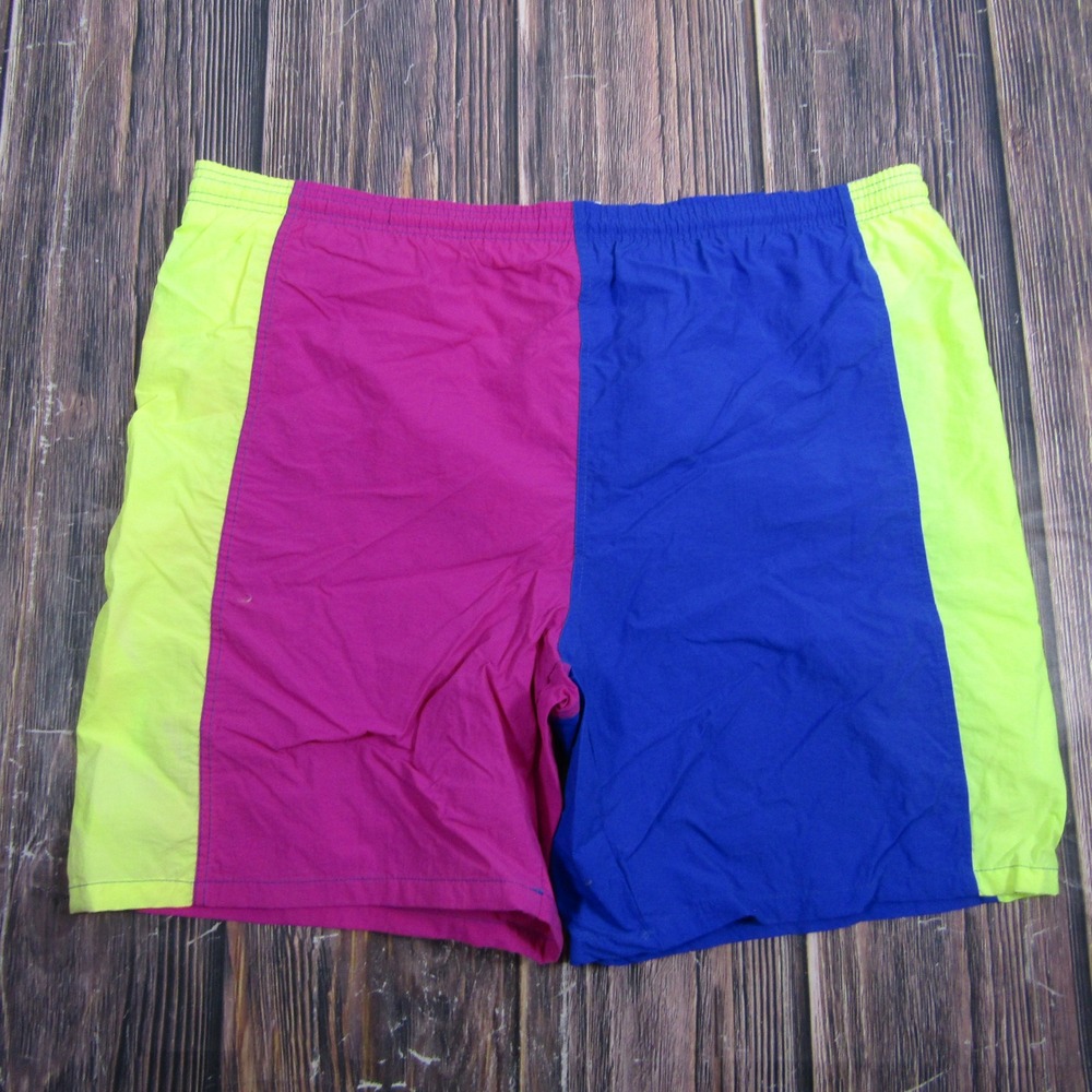 Cheetah Swim Trunks Mens M Multi Colorblock Vintage 90s Nylon Mesh Lined Shorts